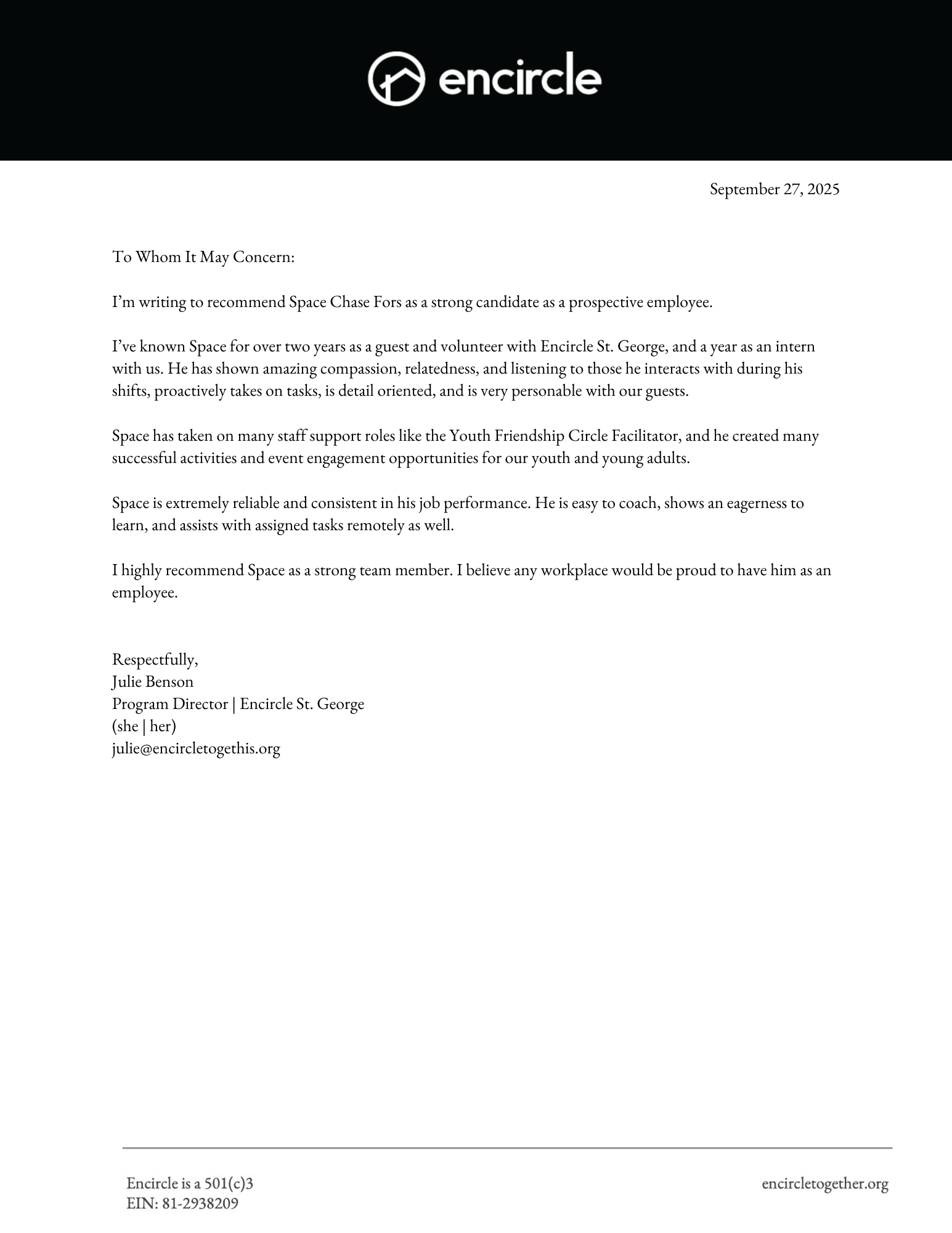 General LOR from Julie Benson @ ET.org