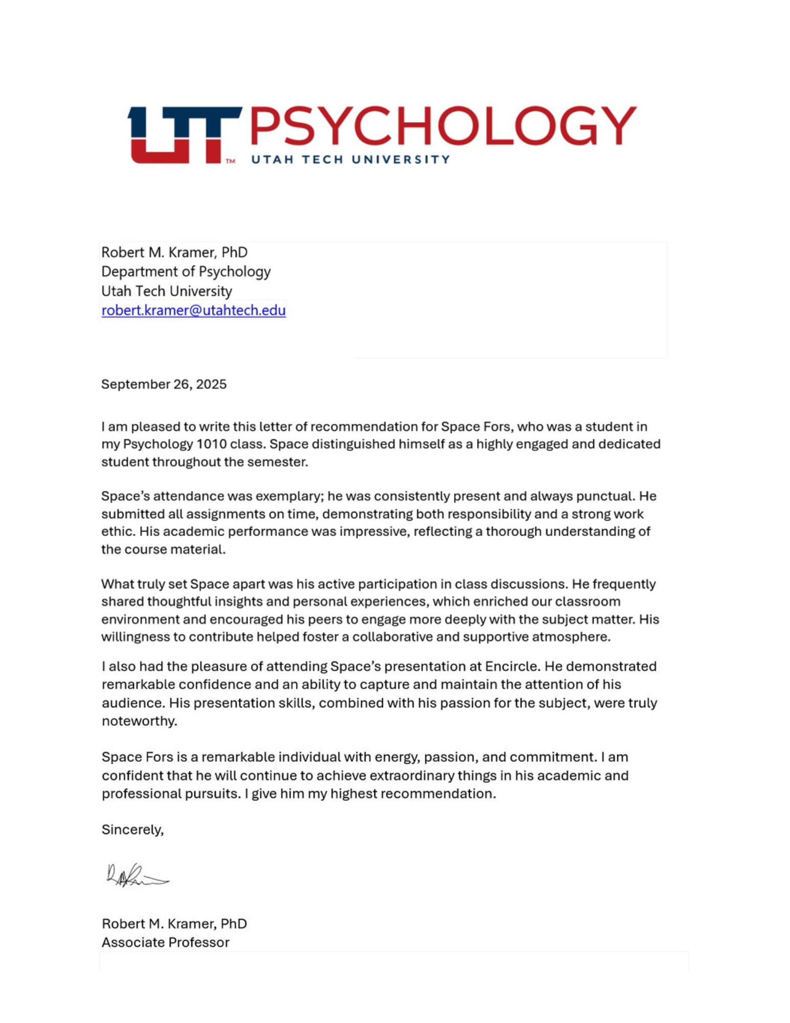 General LOR from Professor Kramer @ UTU